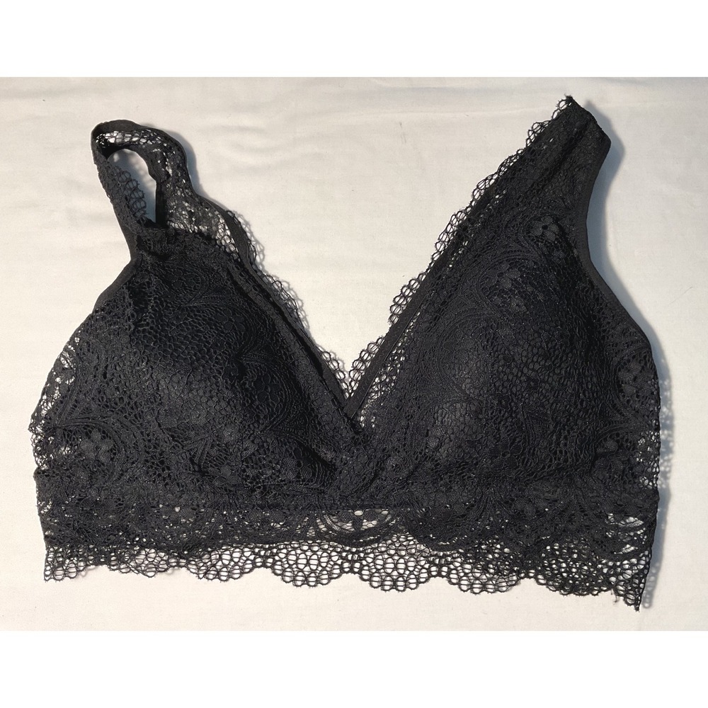Black Floral Lace Longline Bralette V-Neck Scalloped Trim 1X 4554XCB